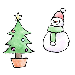 クリスマスツリーと雪だるまのイラスト