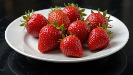 Fresh Ripe Strawberries Arranged on a White Plate Against a Dark Background