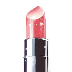 A graphic illustration of a luxurious pink lipstick encased in a sleek silver tube, standing upright at the center of the frame, transparent background, PNG