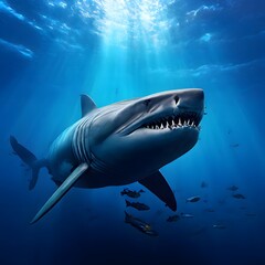 Fototapeta premium A large shark swims through deep blue ocean waters, surrounded by fish and light from sunlight filtering through the surface.