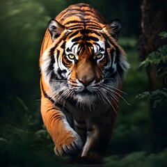Obraz premium A majestic tiger roars in a dense forest, surrounded by green foliage.