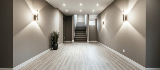 Modern basement hallway with stairs, light walls, and wood flooring.