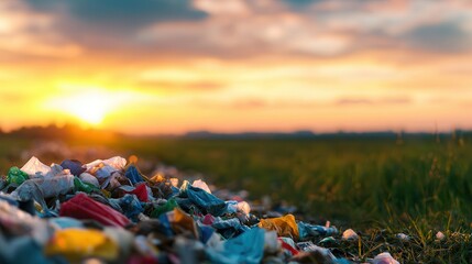 Fototapeta premium Littered Landscape at Sunset with Plastic Waste in Focus