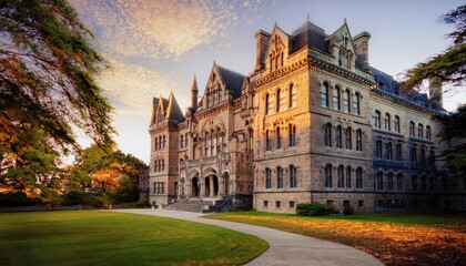 A beautiful historic college building glows in warm sunset light amid vibrant surroundings.