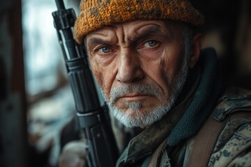 Fototapeta premium Close-up portrait of a determined senior veteran soldier holding a rifle, embodying resilience and experience in warfare