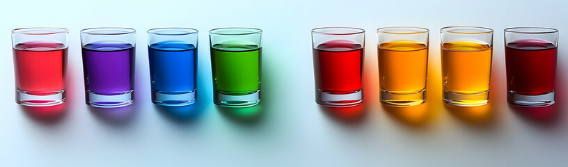 Colorful drinks, rainbow shots, white background, party