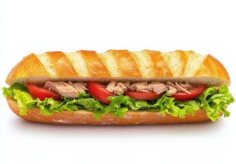 Freshly Prepared Tuna Sandwich with Crisp Lettuce and Juicy Tomato on a Soft Baguette Styled Bread Ideal for Healthy Meal Options
