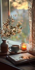 A vase with flowers sits on a table next to a book and a cup of coffee