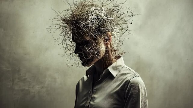 Anxious woman entangled in chaotic white threads, visualizing overwhelming mental struggle and psychological tension Mental Health video 4k