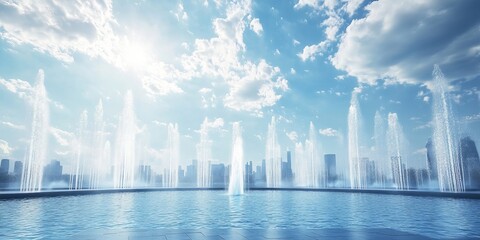 Fototapeta premium Captivating view of a modern fountain with city skyline, under a vibrant sky filled with dramatic clouds and sunlight.