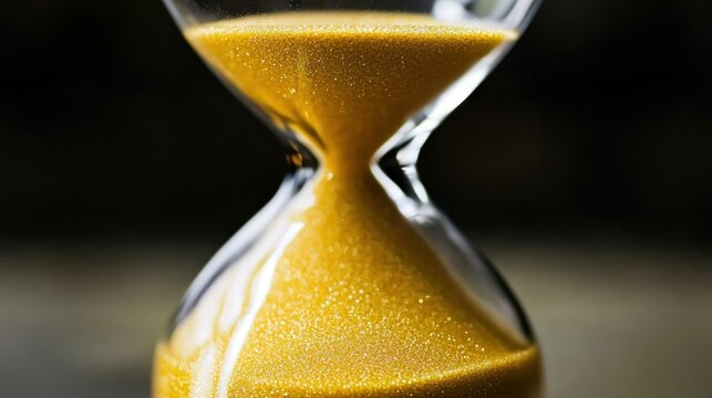 Close-up hourglass, flowing sand, dark background, time passing