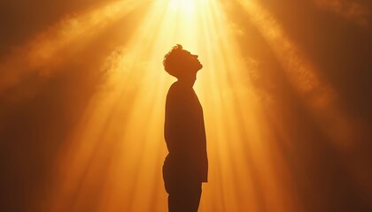 Silhouette of man looking up at glowing sunlight rays. Person stands in contemplation and prayer. Light illuminates from above, filling the space with hope and faith. Religious concept.