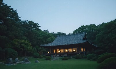 Traditional Japanese House at Twilight in a Serene Garden