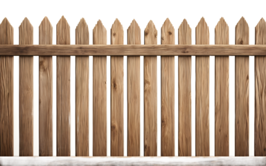 A wooden picket fence with a natural finish, isolated on a empty plain background