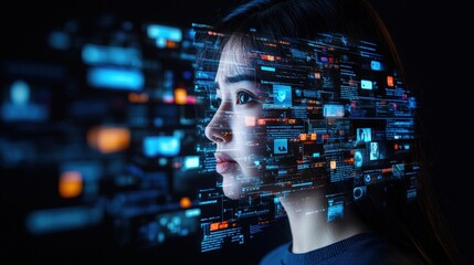 Woman's face with a background of digital interface elements creating a fusion of human expression and technological innovation