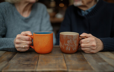 Warm Connection Over Coffee: Elderly Hands Holding Ceramic Mugs With Floral Design