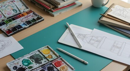 Fototapeta premium Artist's Workspace with Watercolor Paints, Digital Tablet, and Sketches