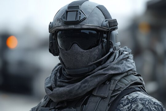 Soldier wearing ballistic helmet, goggles and shemagh scarf in war zone - Powered by Adobe