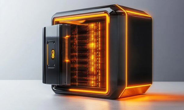 Secure server room with open futuristic safe, data center, technology background