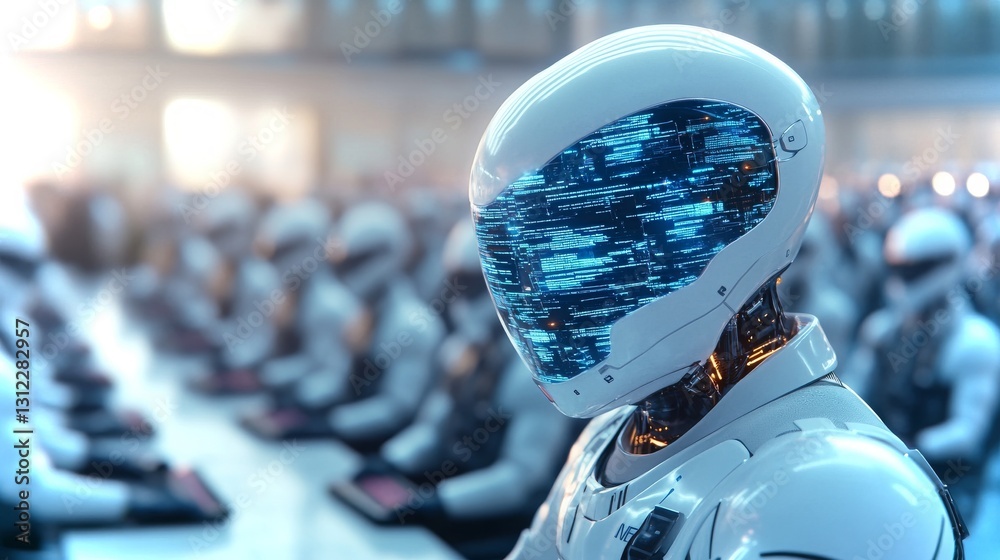 Poster humanoid robots performing advanced computing in a high-tech setting