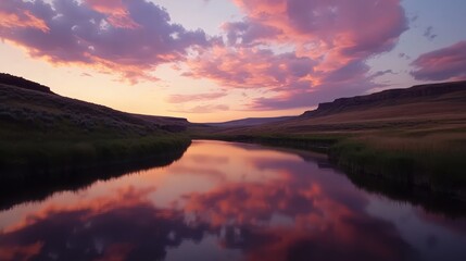 Tranquil twilight landscape with reflective river at golden hour glow