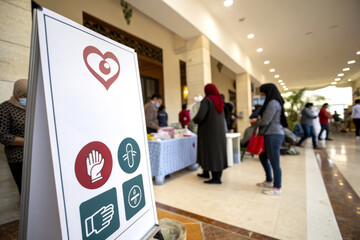 A sign illustrates health guidelines, with icons for hand hygiene and social distancing, in a busy indoor setting with people wearing masks.