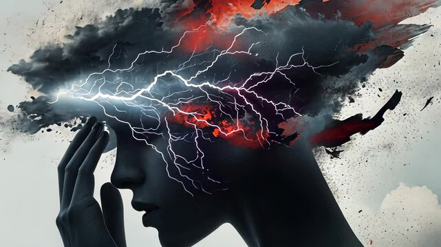 Surreal image depicting mental health issues, with lightning and storm cloud obscuring woman's face as she holds her head video 4k