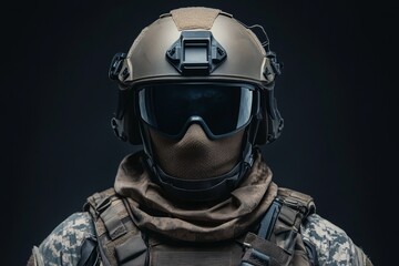 Close-up of soldier wearing tactical helmet and protective gear standing in the rain