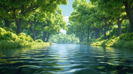 Obraz premium Calm river scene lined with green trees and lush foliage