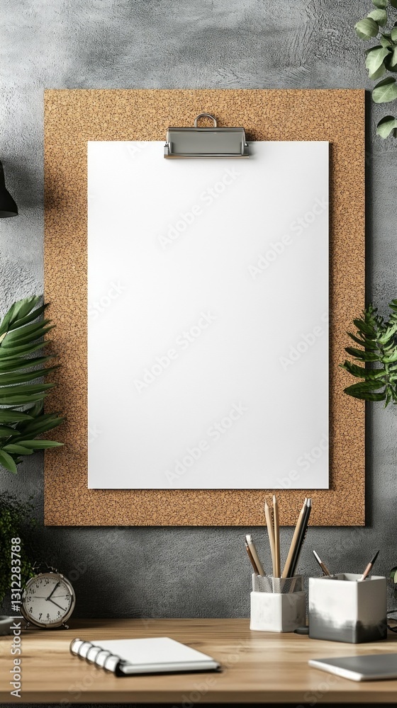 Poster a blank sheet of paper is clipped to a cork board, framed by vibrant green foliage. the serene works