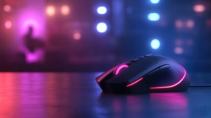 Gaming mouse with pink and blue neon lights in the background.