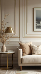 elegant beige sofa with neutral decor in a calm living room