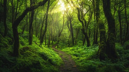 Obraz premium Sunlight filters through verdant leaves, casting a warm glow on the forest floor, where emerald canopies meet gentle light, embracing nature's serene beauty