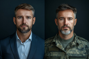 Diptych portrait showing the transition of a man from businessman to soldier, highlighting the two sides of his life