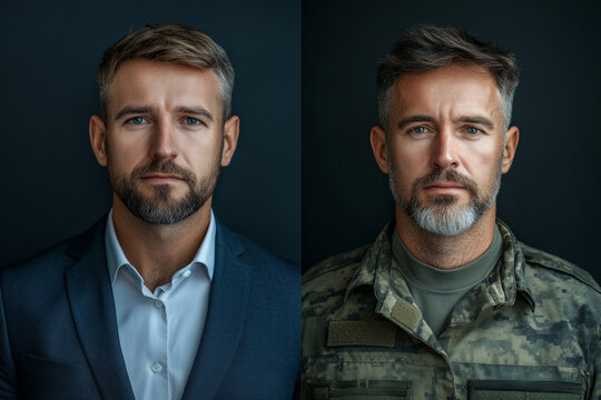Diptych portrait showing the transition of a man from businessman to soldier, highlighting the two sides of his life