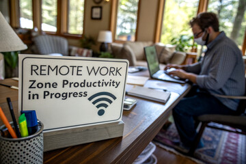 A cozy home office scene featuring a "Remote Work" sign and a person working on a laptop, emphasizing productivity in a comfortable environment.