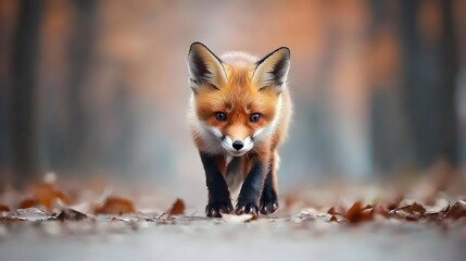 Obraz premium Red Fox Kit Walking on Autumn Path