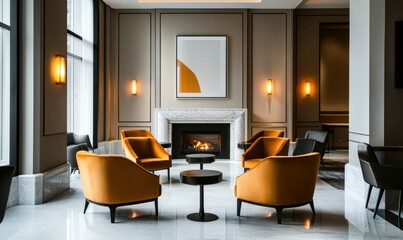 Fototapeta premium Elegant Lounge in Upscale Hotel with Velvet Armchairs and Marble Fireplace