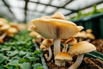 A picturesque outdoor mushroom farm with rows of straw bales and mycelium sprouting mushrooms under a shaded canopy