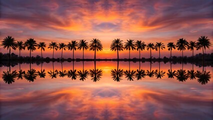 Naklejka premium Palm trees reflected in calm water at sunset.