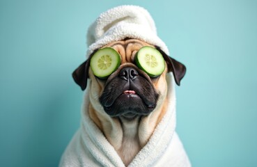 Relaxing pug dog with cucumber eye mask, towel on head during spa. Cute comical pet enjoys beauty treatment, grooming, wellness on blue pastel background. Skincare, veterinary care and pampering.