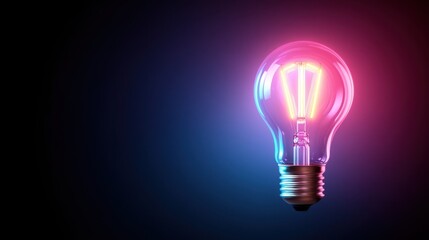 Glowing lightbulb with pink and blue neon light against dark background.