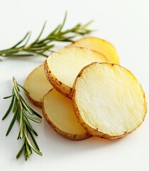 Freshly Sliced Potatoes with Rosemary Sprigs on White Background for Culinary and Healthy Food Concepts in Recipes and Cooking
