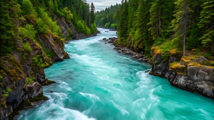 Turquoise river flowing through lush green forest.
