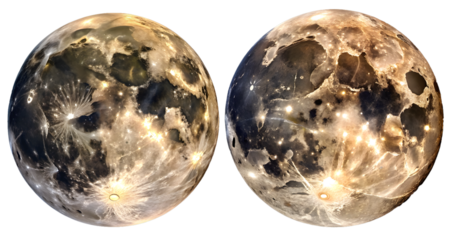 full moons isolated side by side showing craters, texture, and surface details, representing astronomy, celestial objects, and the beauty of earth's natural satellite