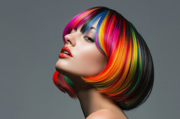 Naklejka premium Photo of an attractive woman with vibrant rainbow-colored hair, featuring bright reds and oranges