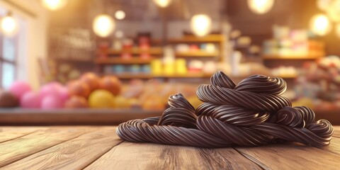 Realistic 3D Icon Cartoon of A Pile of Soft and Chewy Licorice Twists on a Wooden Table with a Softly Blurred Nostalgic Candy Shop Background