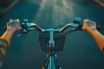 Hands on Bicycle Handlebars with Scenic Road Ahead at Sunset