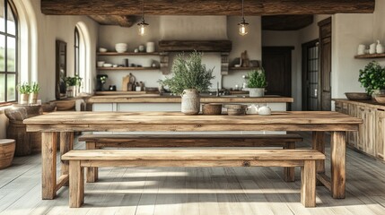 A rustic wooden kitchen with long table and benches