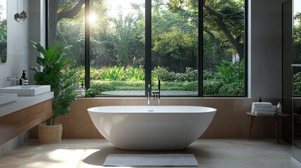 Fototapeta premium A modern luxurious bathroom with large windows and a garden view